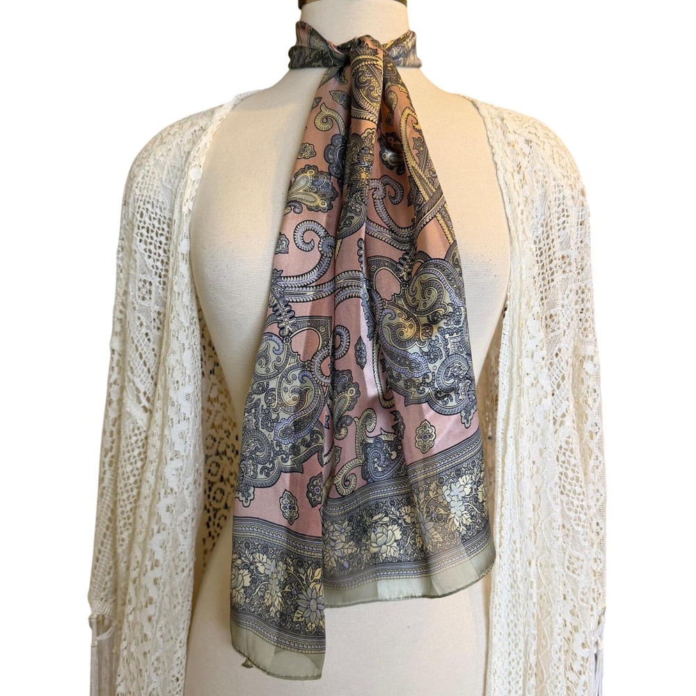 Kasper Silk Scarf Paisley Floral Dusty Rose Sage Green Gold oblong Korea